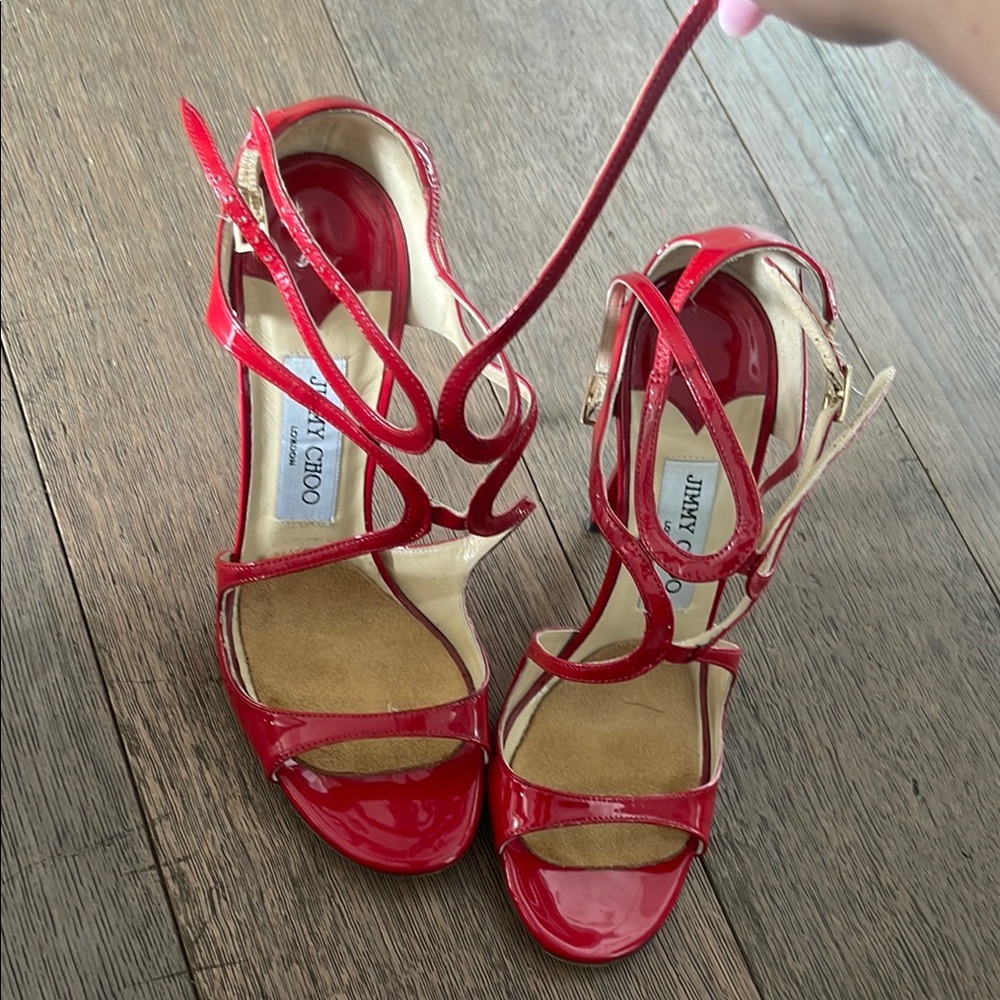 Jimmy Choo Red Stiletto Heels Elegant Strappy Design